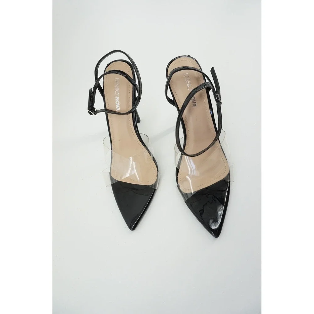 Fashion Nova baddie sleek Stiletto Heels Clear Strap Pointed Toe Black Size 8.5